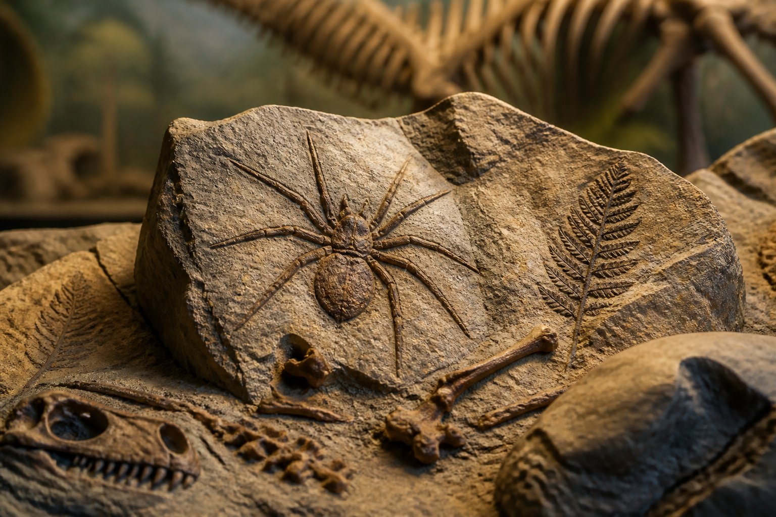 Close-up of a fossilized spider embedded in ancient rock layers with surrounding prehistoric fossils and blurred geological background.