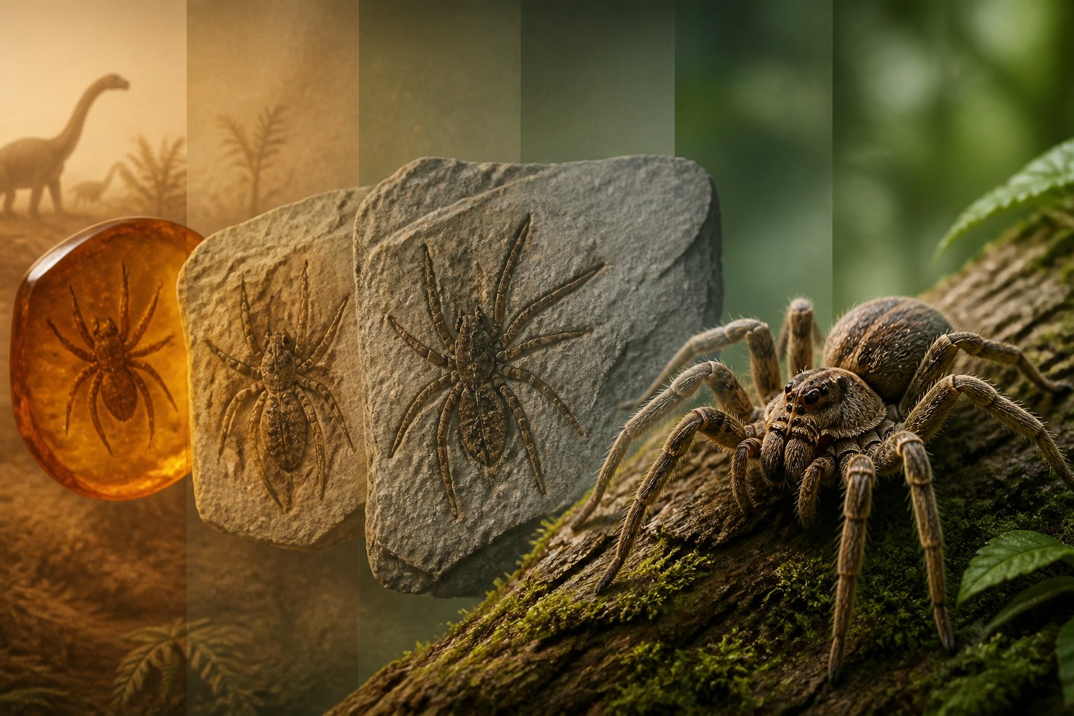 A detailed image showing a modern spider in front with fossilized spider specimens from prehistoric times in the background.