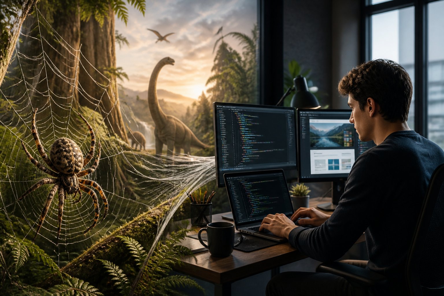A prehistoric spider weaving a web in a forest transitions to a modern person working on a laptop with multiple screens in an office.