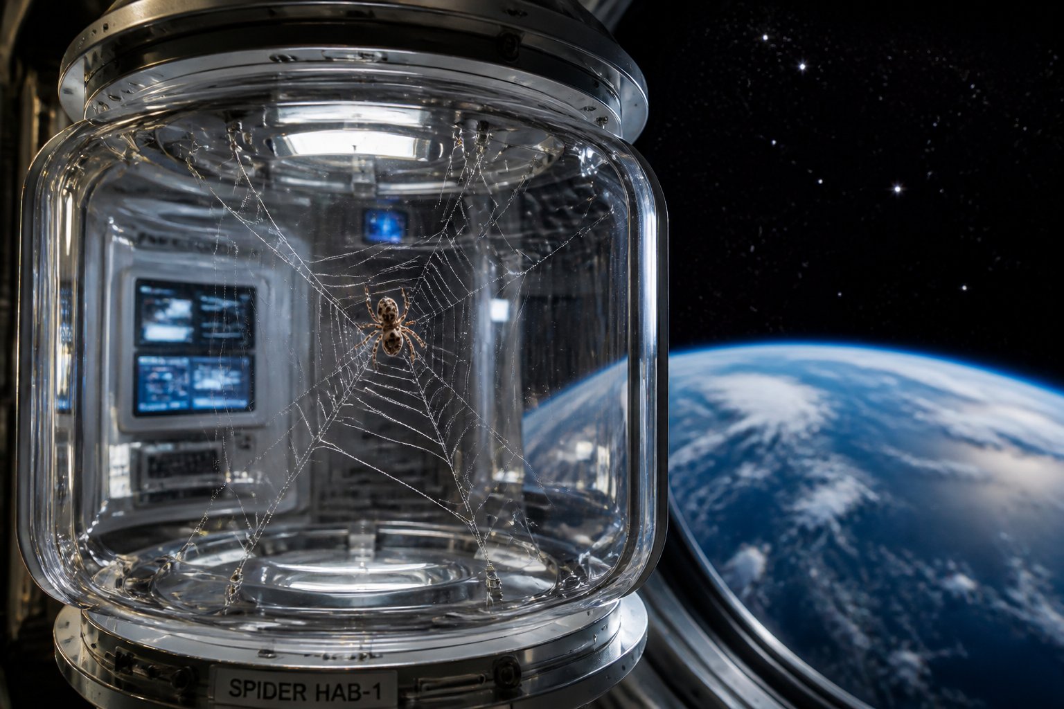 A small spider inside a transparent space capsule floating in zero gravity with stars and Earth visible in the background.