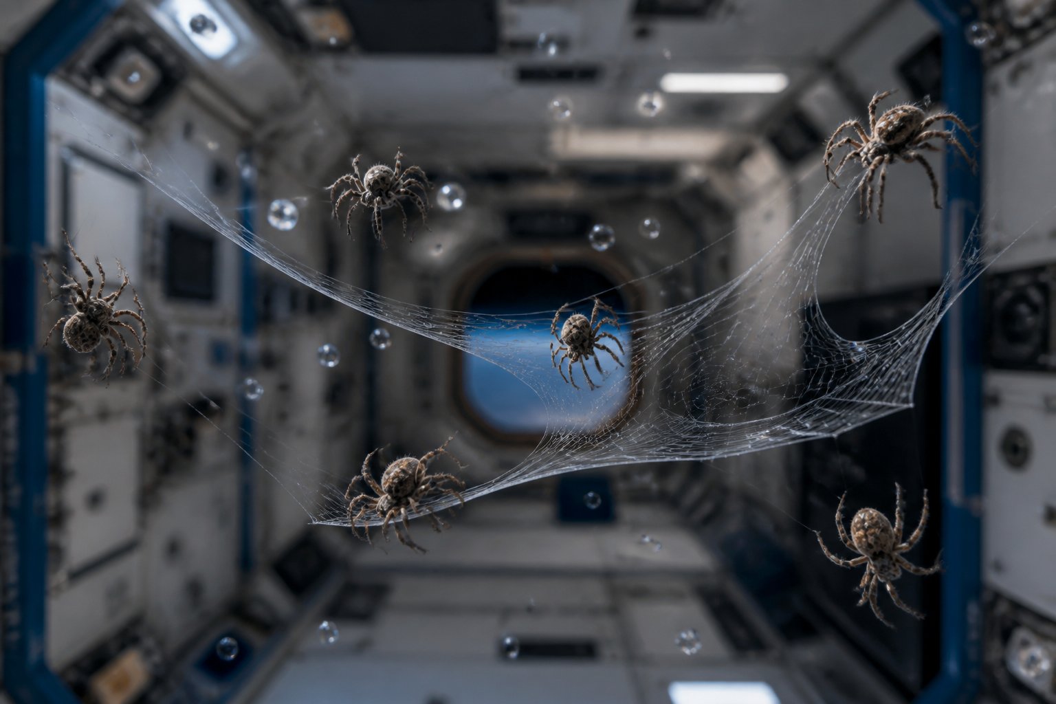 Several spiders spinning webs floating freely inside a space station module in microgravity.