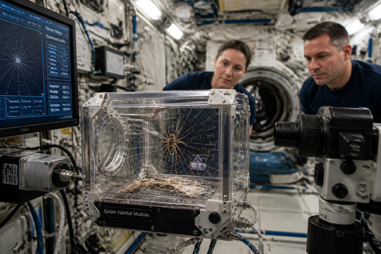 Spider inside a transparent habitat module aboard the International Space Station with astronauts and scientific equipment in the background.