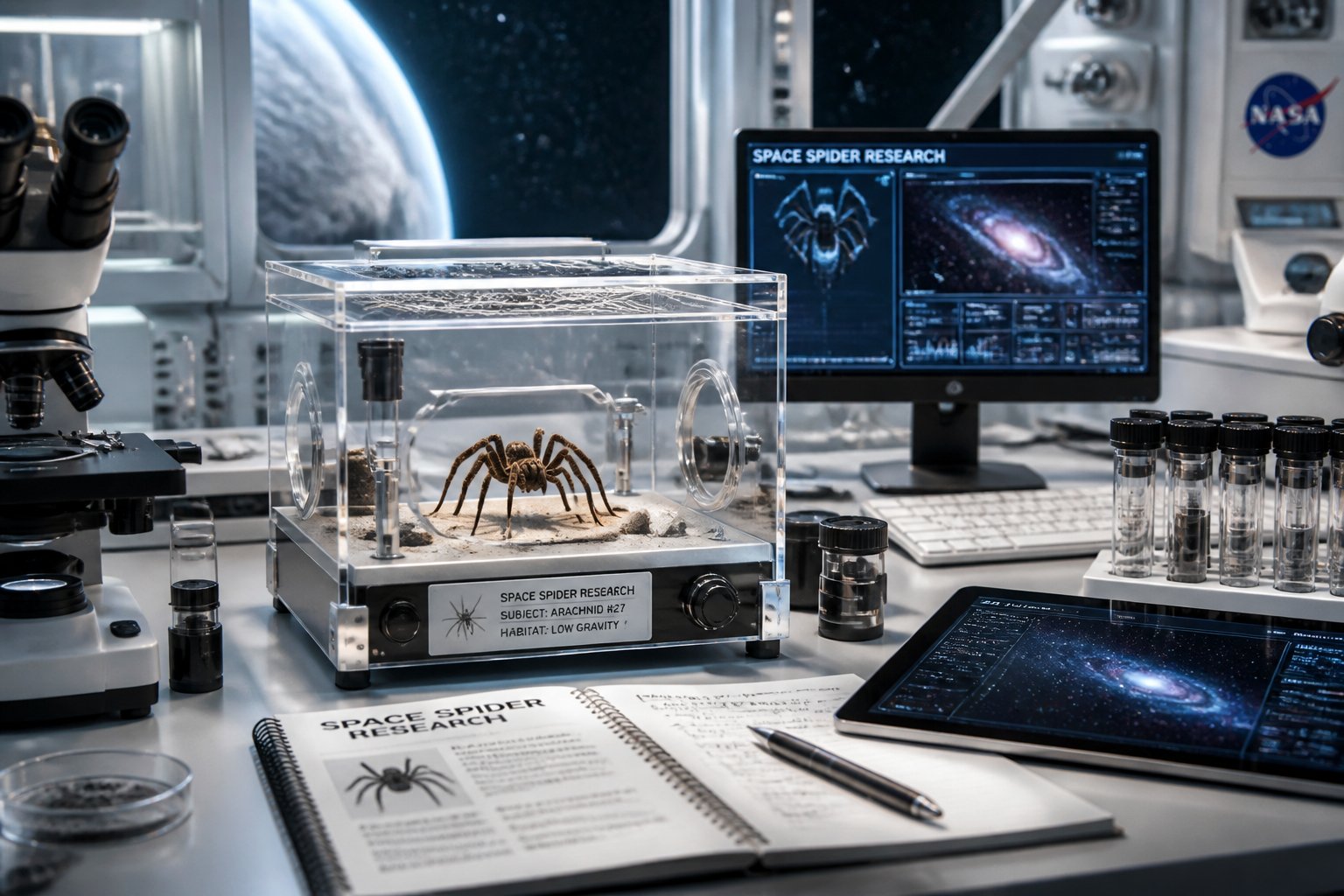 A laboratory with a spider in a glass terrarium and scientific equipment, with a view of outer space through a window.