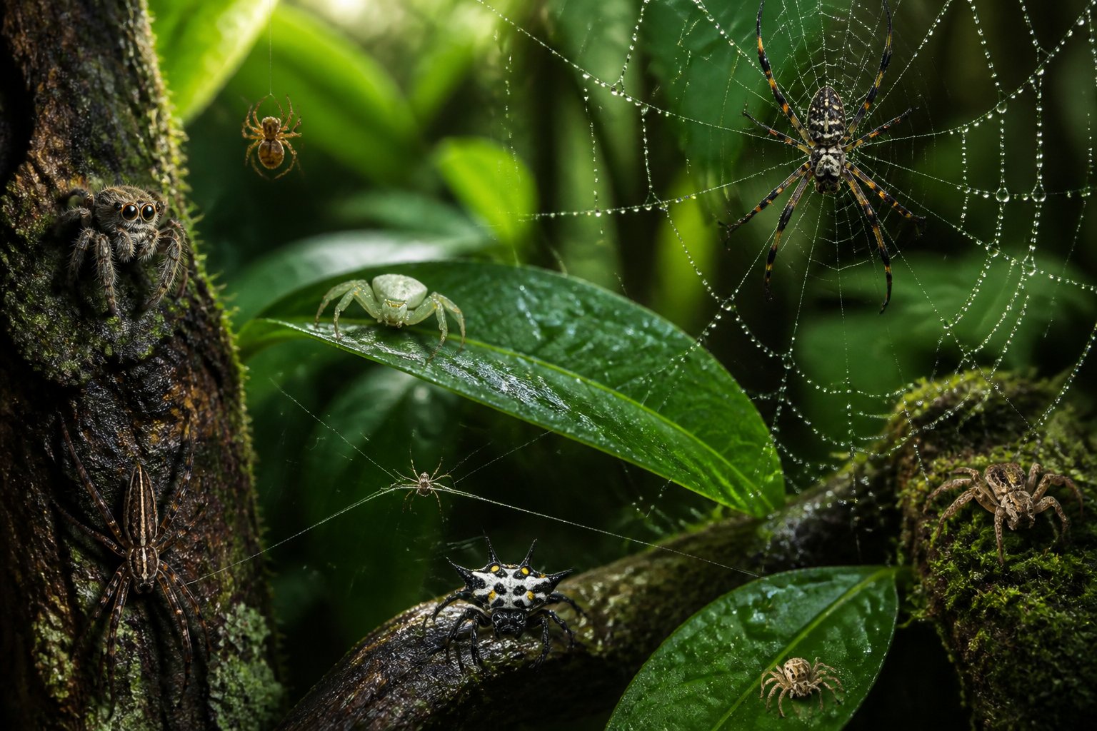 Close-up of several spiders on leaves and webs in a forest environment with sunlight filtering through the trees.