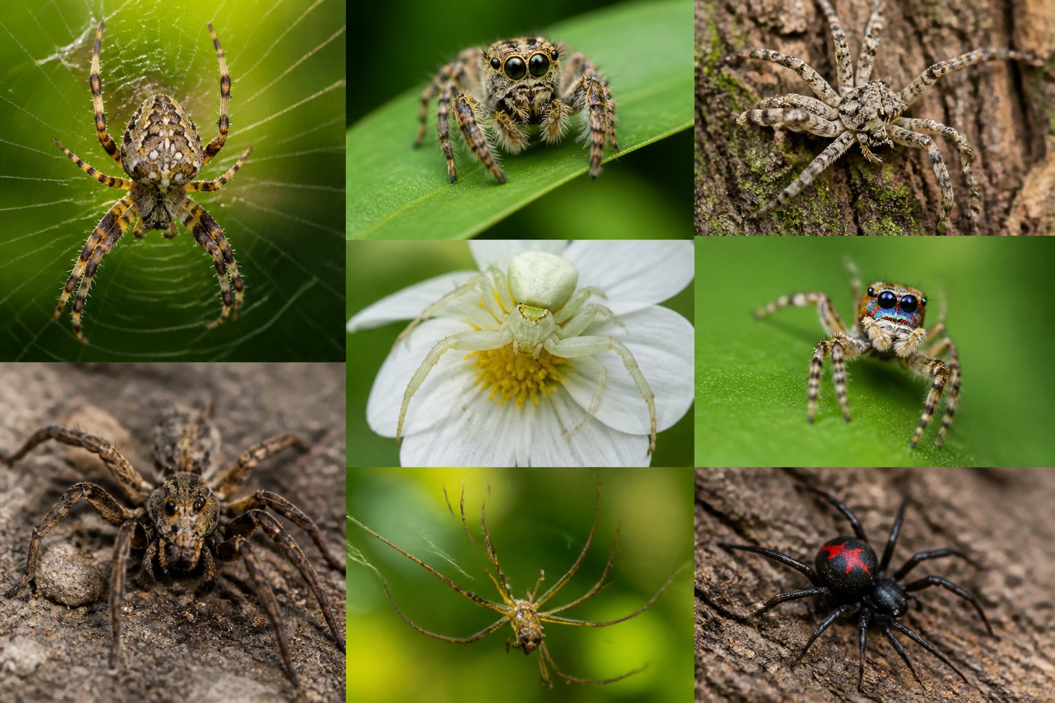 Close-up of several different spider species on leaves and webs in a natural outdoor environment.