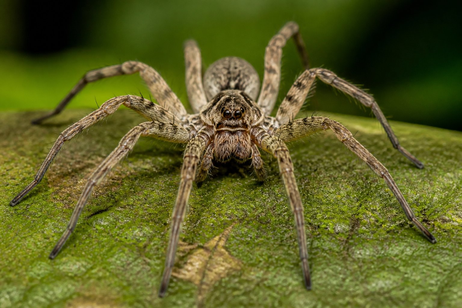 Close-up image of a spider with all eight legs visible on a natural surface.