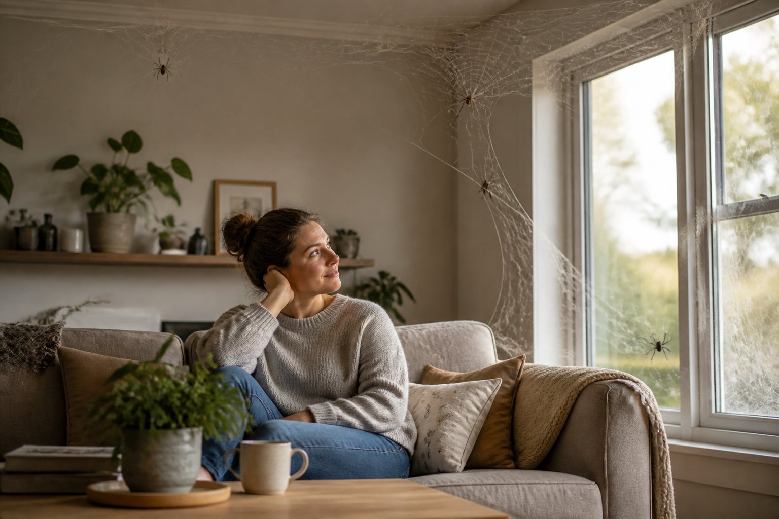 A person sitting on a sofa in a living room with spider webs and small spiders visible in the corners and around a window.