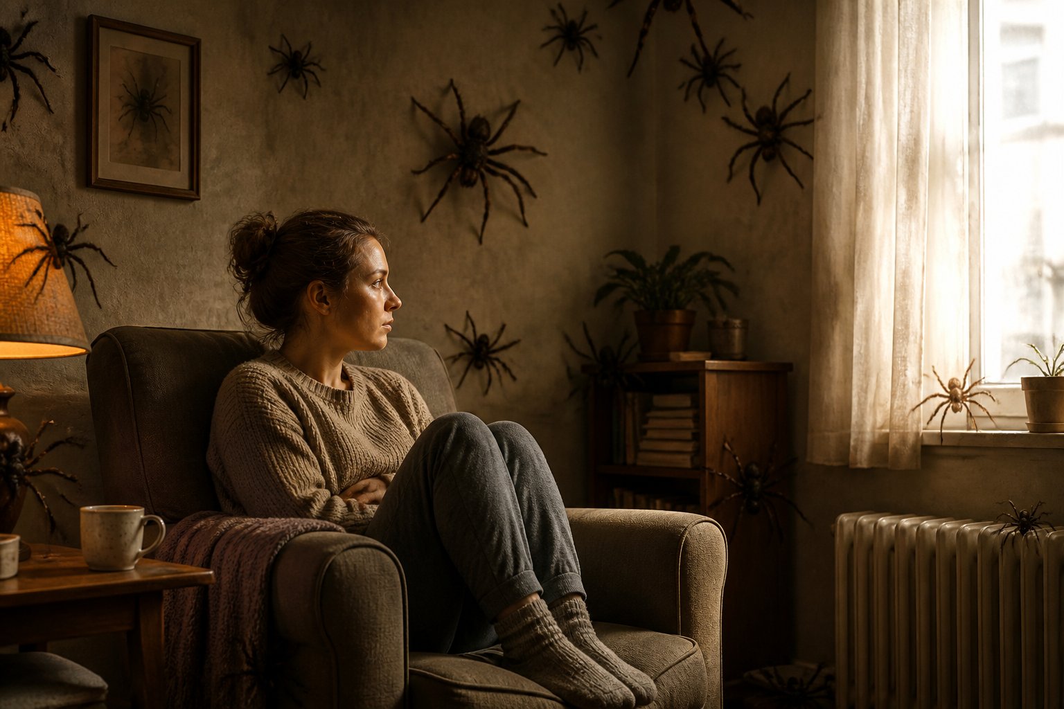 A person sitting in an armchair in a dimly lit living room with several large spiders crawling on the walls and furniture.
