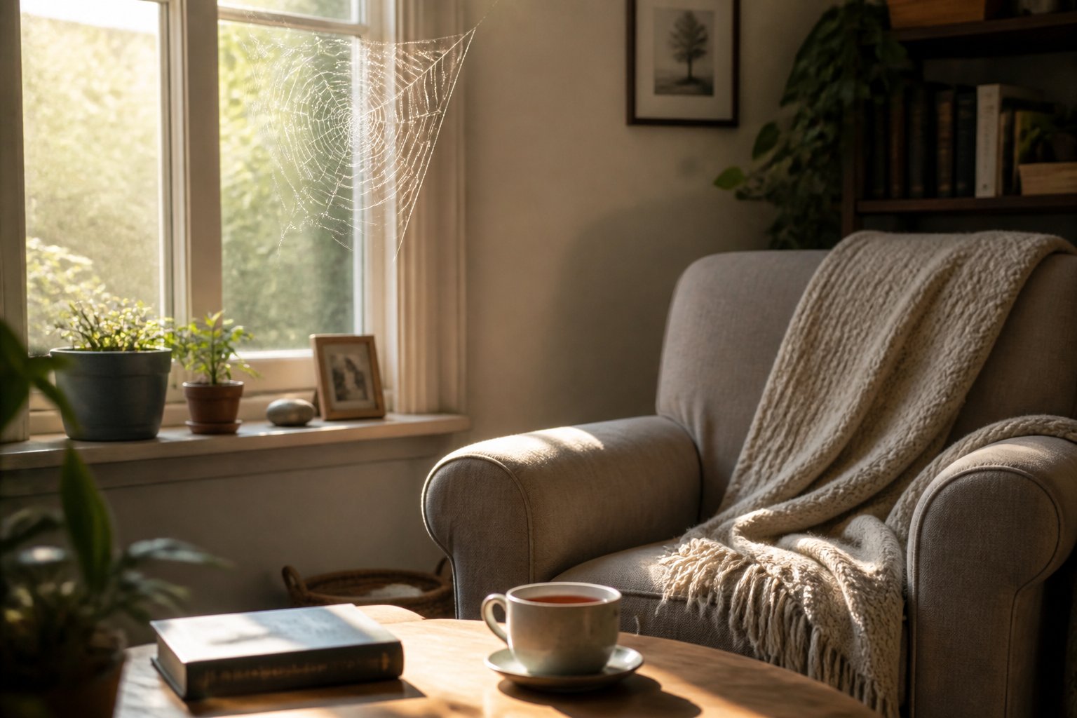 A cozy living room with a spider web in the corner near a window letting in morning light.