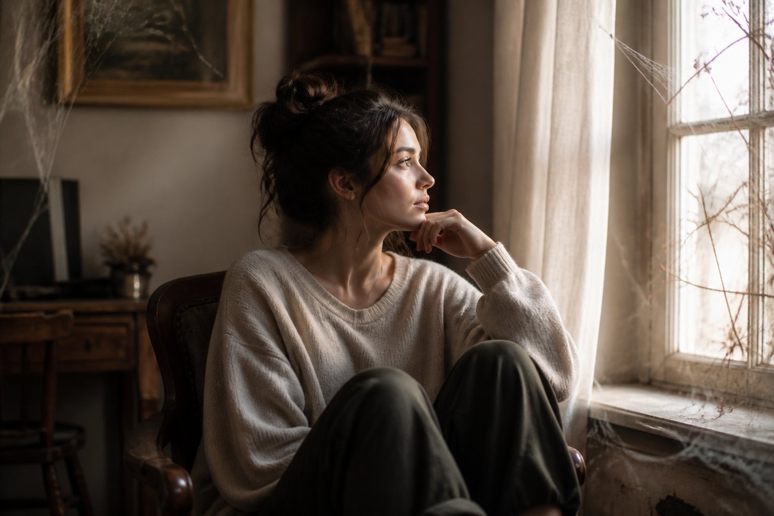 A young adult sitting alone in a softly lit room with spider webs in the corners, looking thoughtfully out a window.