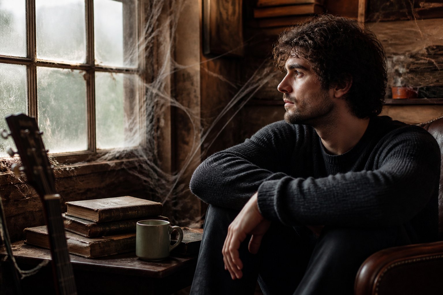 A young adult sitting alone in a softly lit room with spider webs in the corners, looking thoughtfully out of a window.