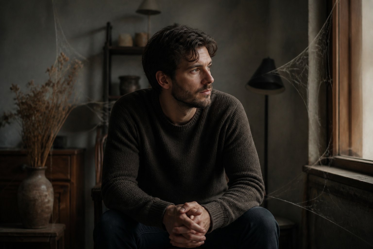 A person sitting alone in a softly lit room with spider webs in the corners, looking thoughtful and introspective.
