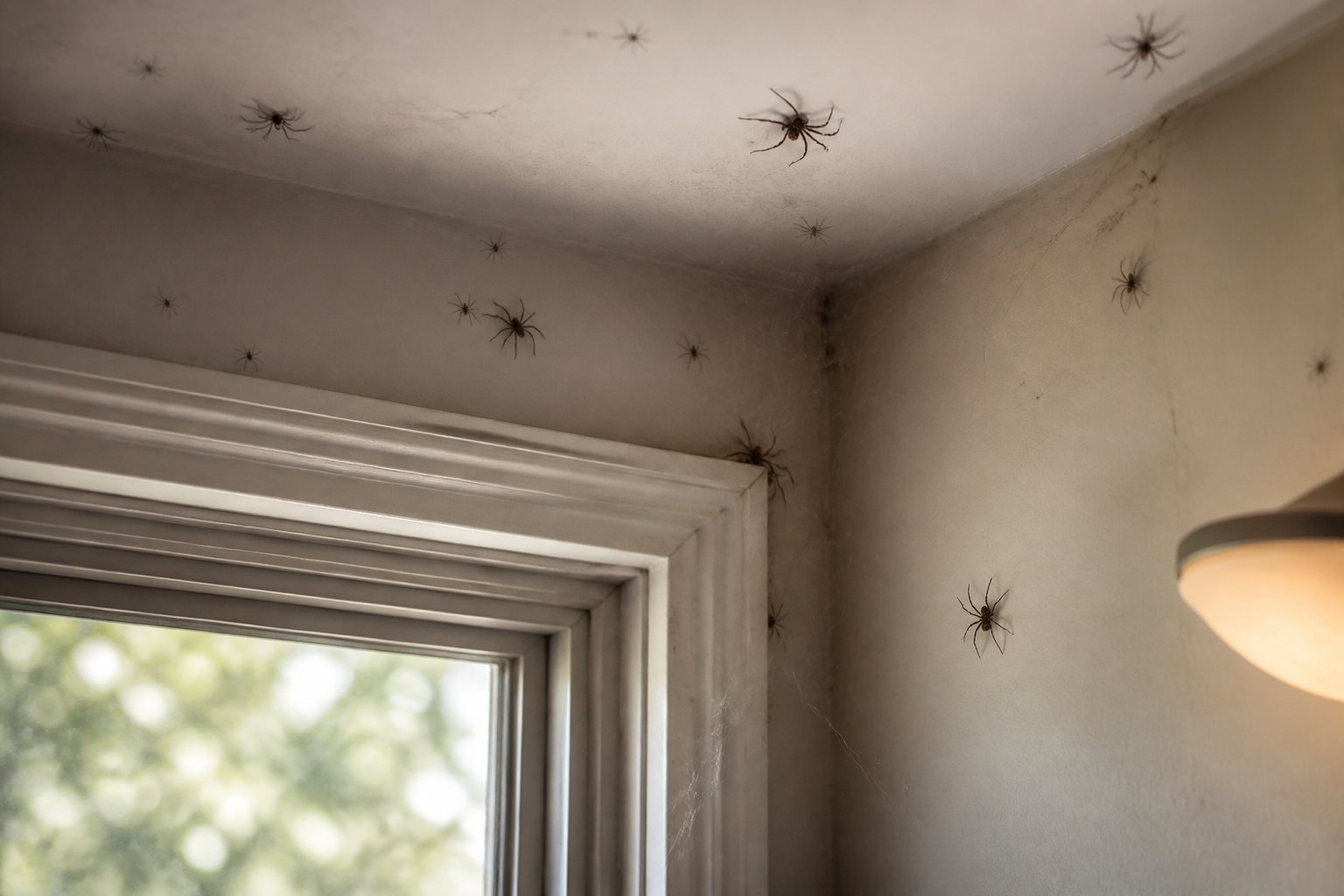 Close-up of a corner inside a home showing several spiders and cobwebs on the walls and ceiling.