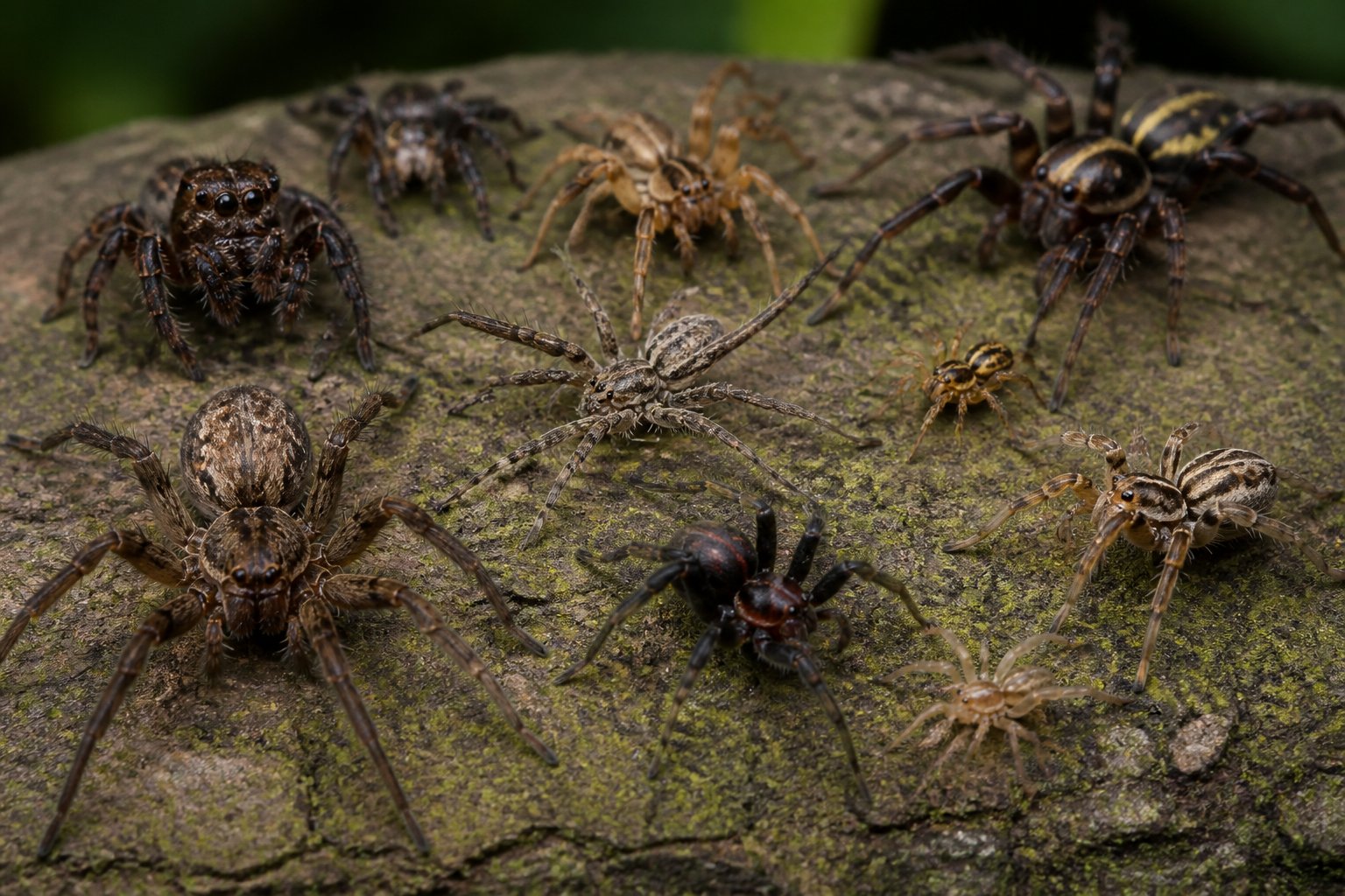 Close-up of several spiders gathered together on tree bark with natural background.
