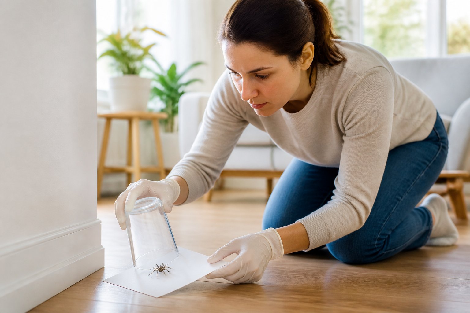 A person gently capturing a spider indoors using a container and paper in a bright, clean living room.