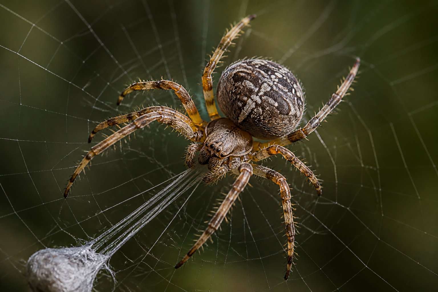Close-up of a spider on its web showing its legs, body segments, eyes, and silk threads.