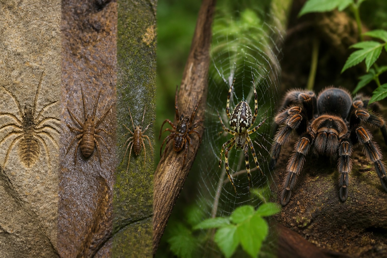 A series of spiders arranged from ancient fossil to modern species in a natural setting with leaves and webs.