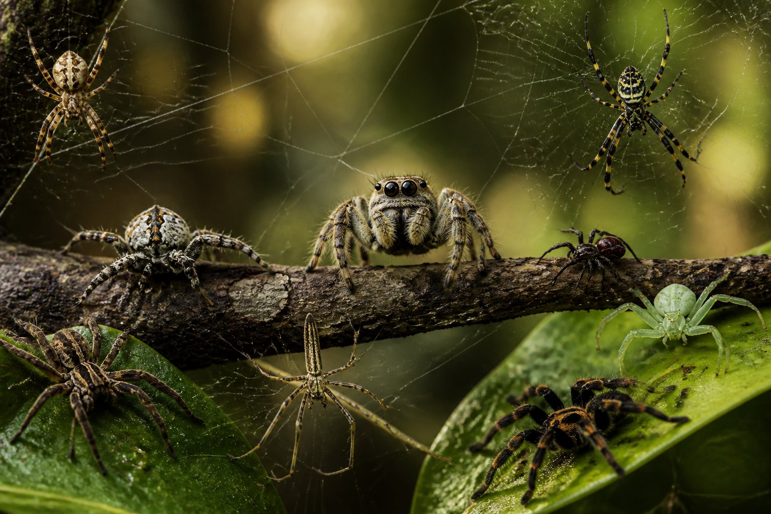 Several different spiders on webs and leaves in a natural outdoor setting.
