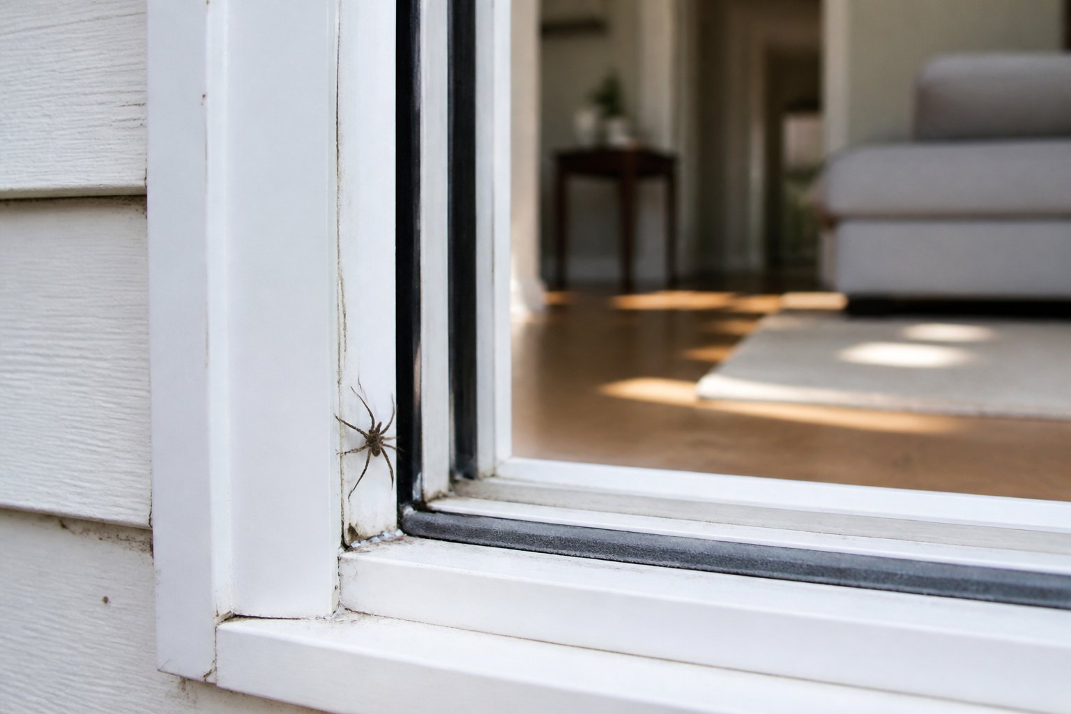 Close-up of a doorway with small gaps and a spider near one opening, showing how spiders enter a house.
