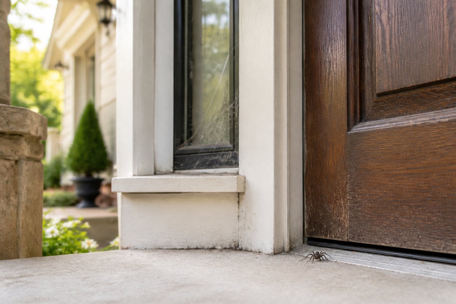Close-up of a house entrance showing a door with a small gap, a cracked window frame, and spider webs near the porch corner with a spider visible.