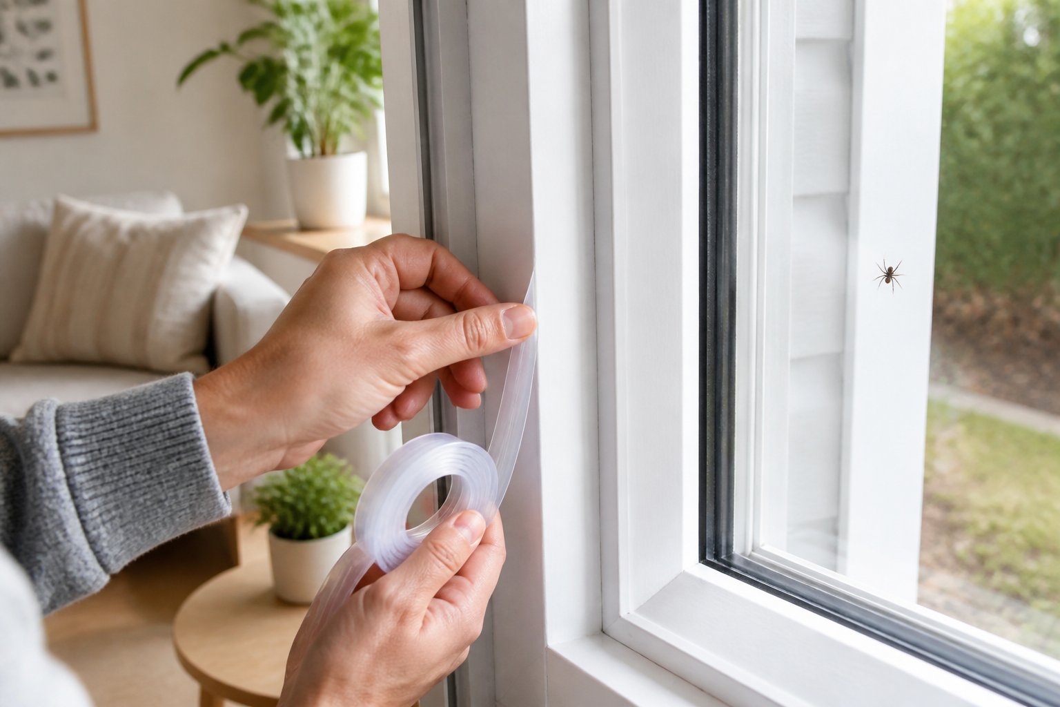 Hands sealing gaps around a window frame with weatherstripping tape to prevent spiders from entering a house.