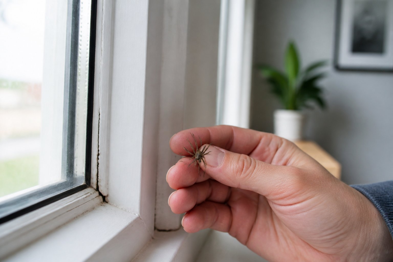 A hand holding a small spider near a window frame inside a house.