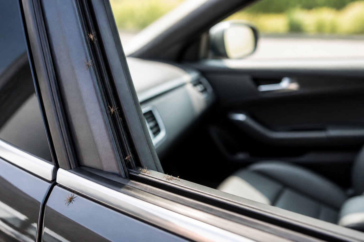 Close-up of a car door with small spiders crawling near the window edges and door seals inside the vehicle.