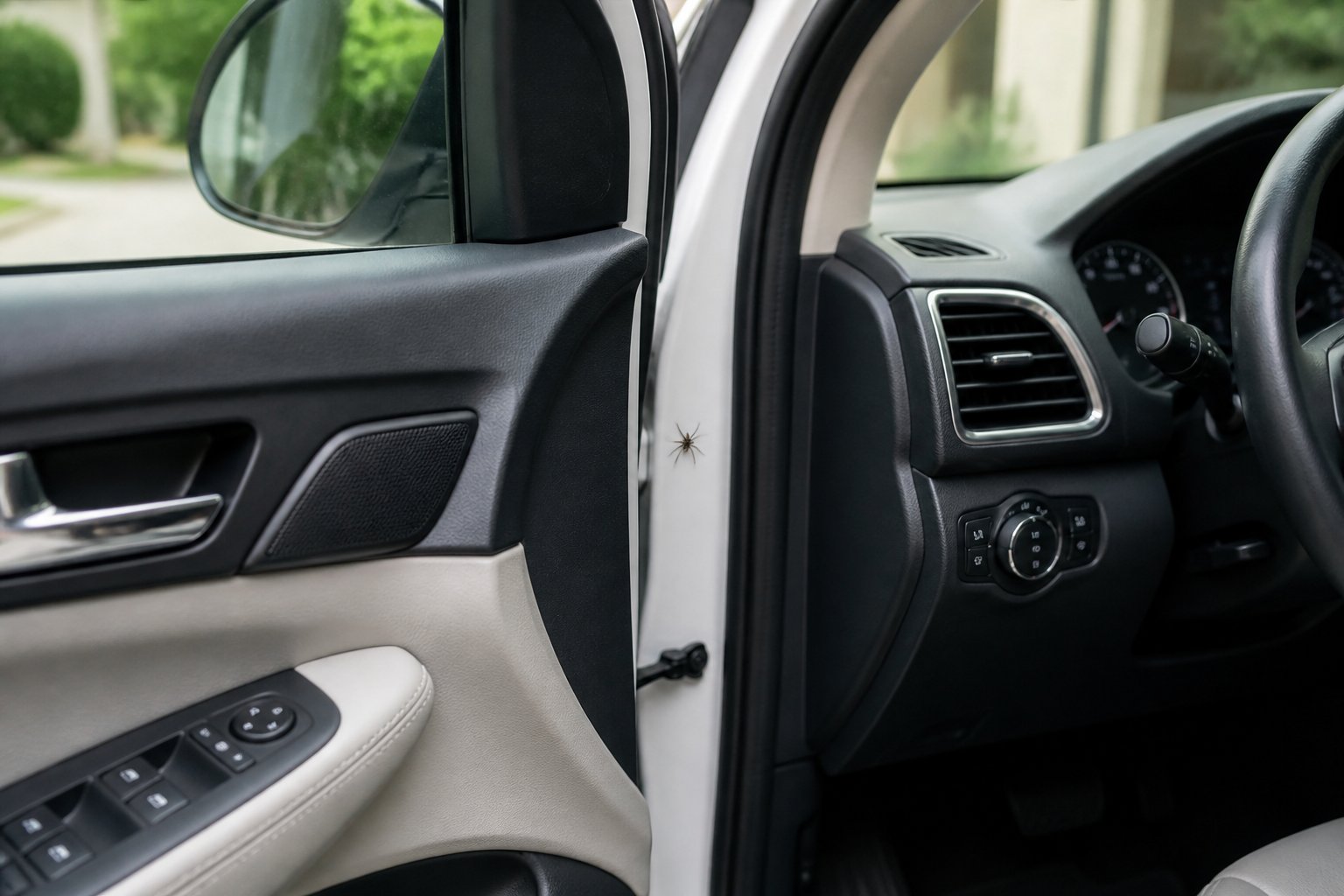Close-up of a car door slightly open with a small spider crawling near the door frame inside the vehicle.