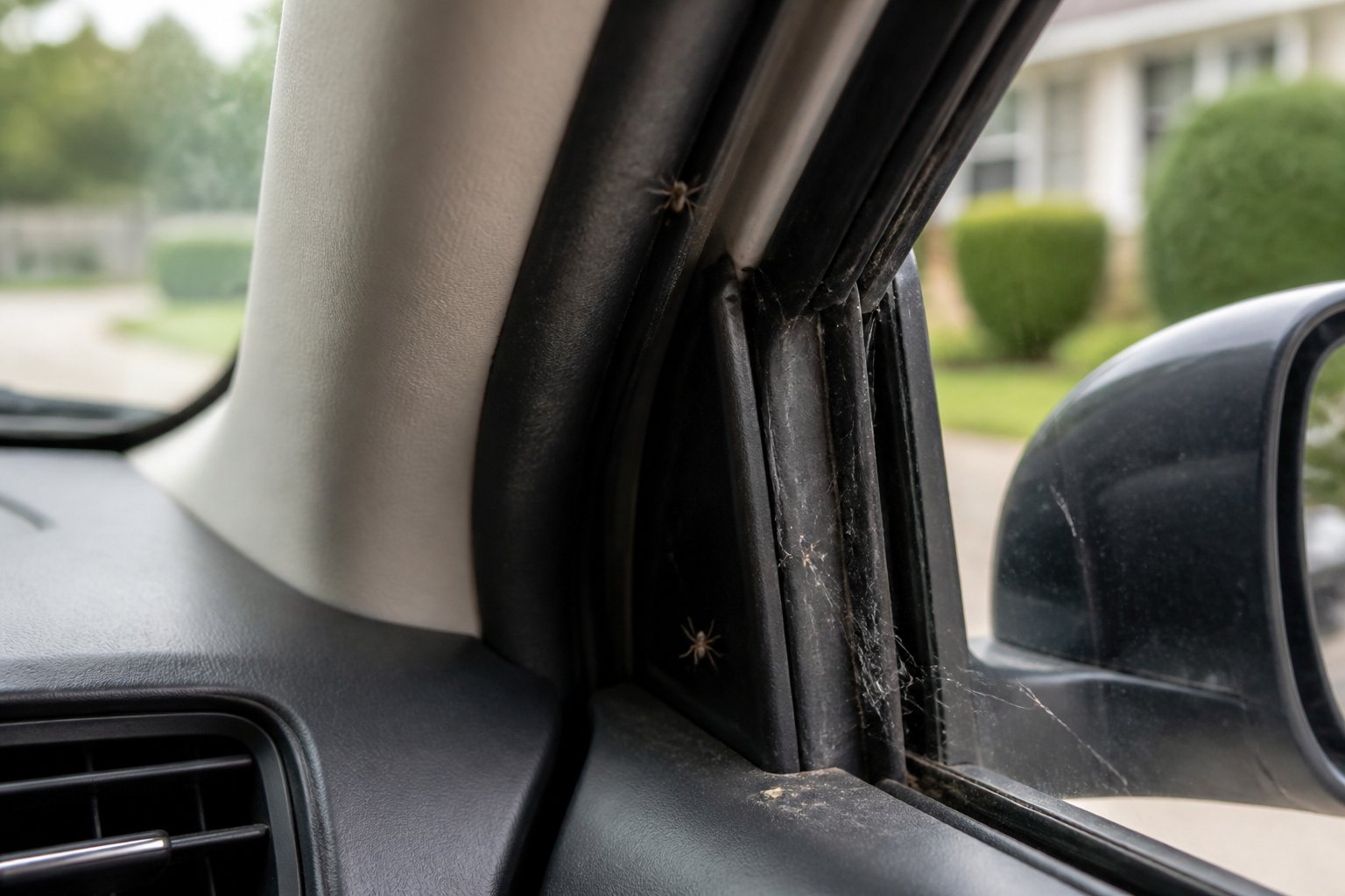 Interior of a car door frame with small spiders and spider webs near the window seals, sunlight coming through the window, and a driveway with greenery outside.