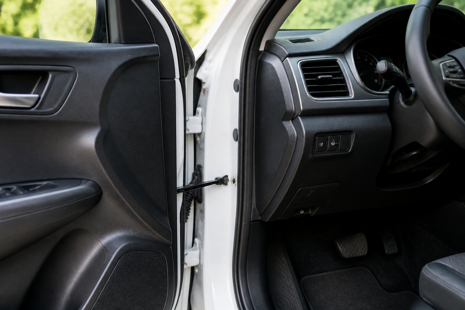 Interior of a car with an open door showing door seals and floor area where small spiders are near entry points.