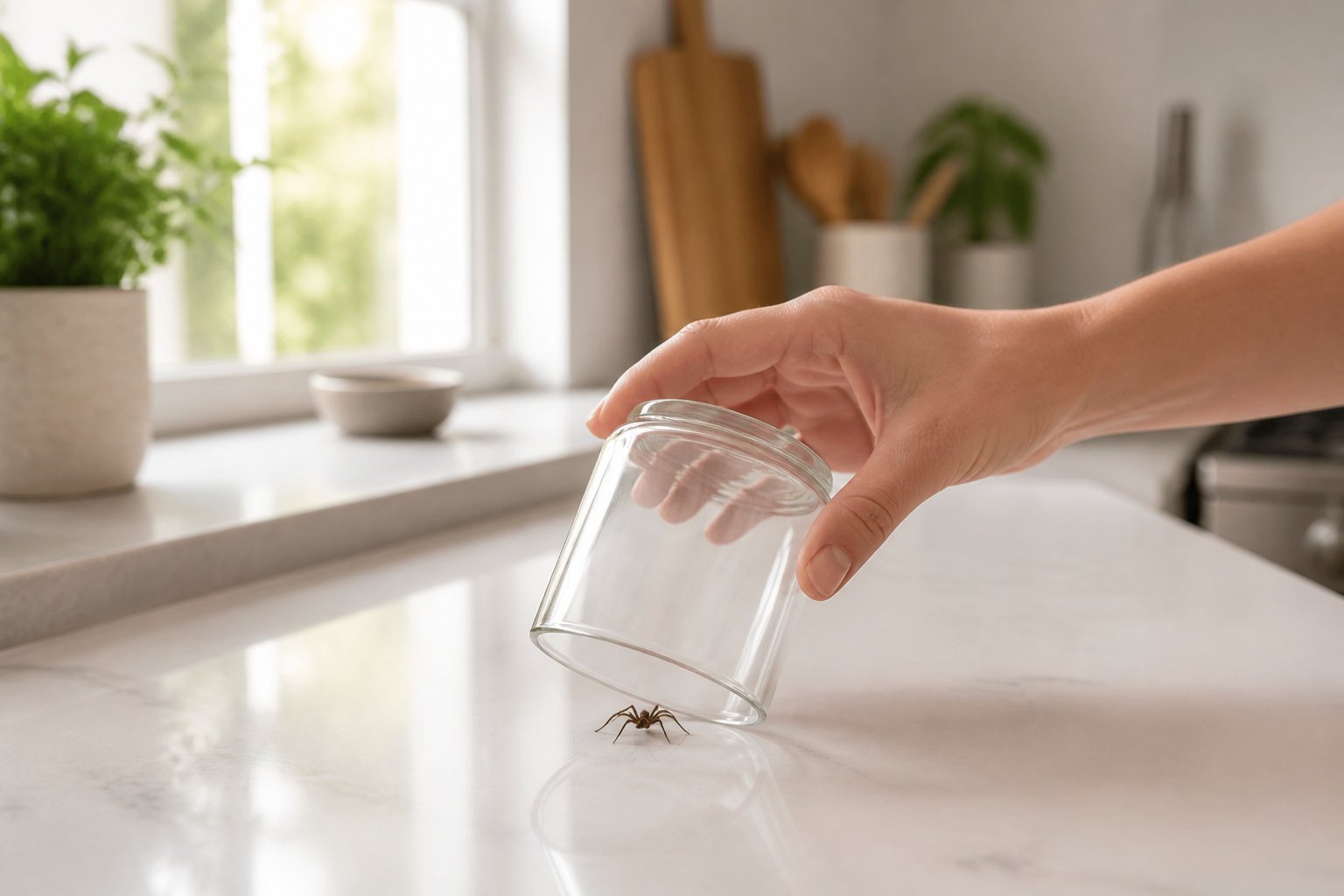 A person trapping a small spider on a kitchen countertop using a clear glass jar.