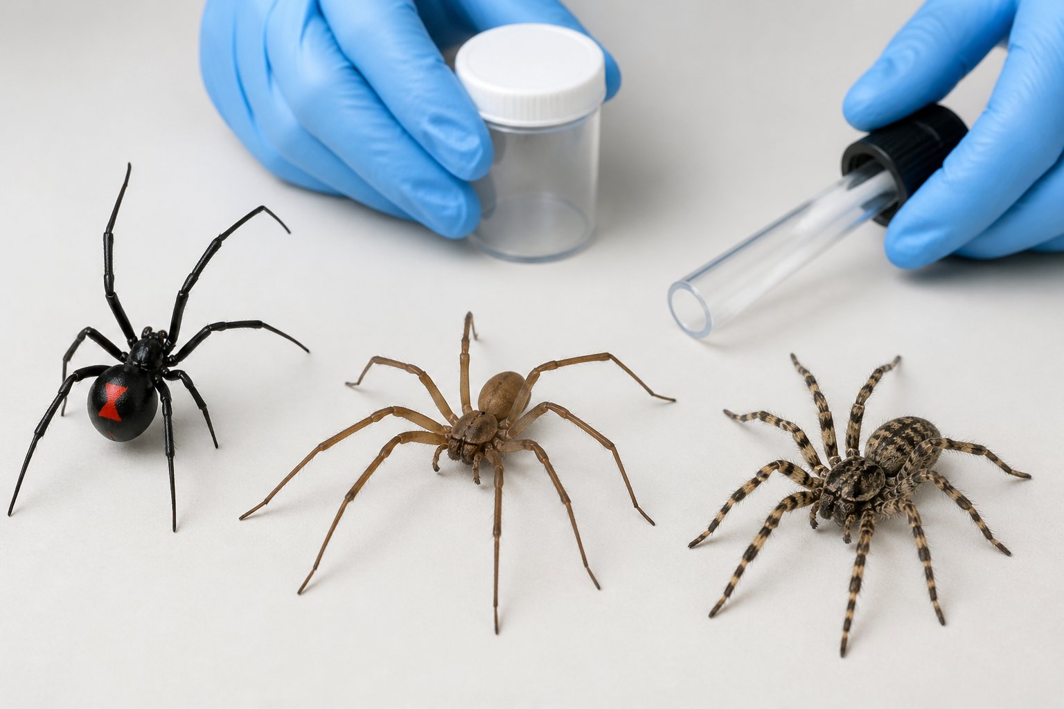 Close-up of several common spiders on a neutral background with gloved hands holding a spider-catching tool nearby.