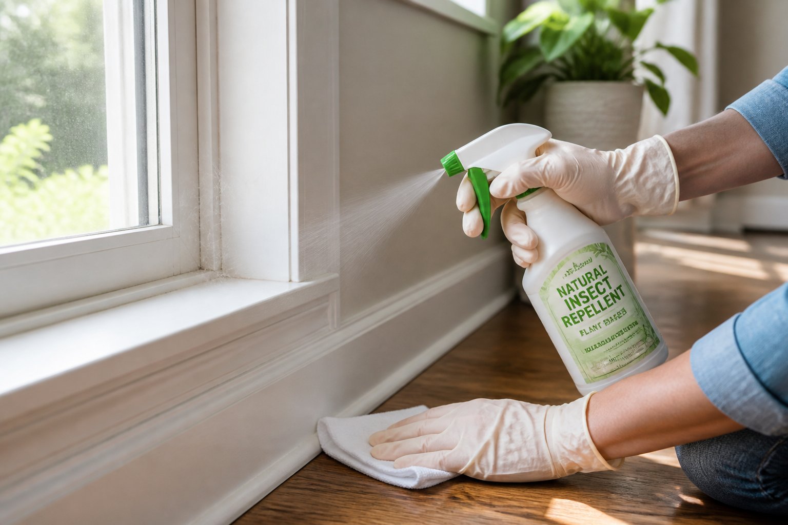 A person wearing gloves sprays insect repellent near a window in a clean home to prevent spiders.