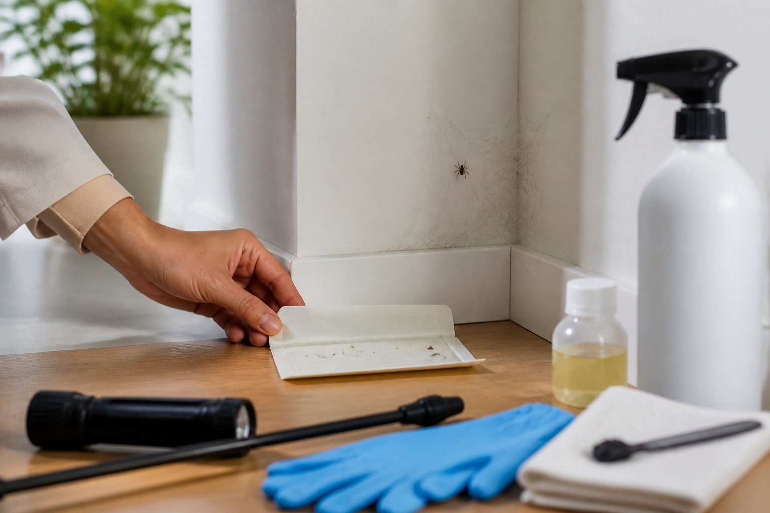 A hand placing a sticky trap in a corner with spider webs, with pest control tools and an insecticide spray bottle nearby on a table.