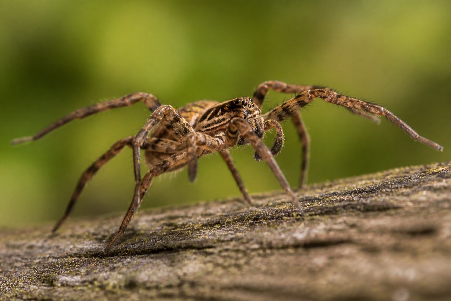 A close-up of a spider running quickly on a natural surface, showing its legs and body in motion.