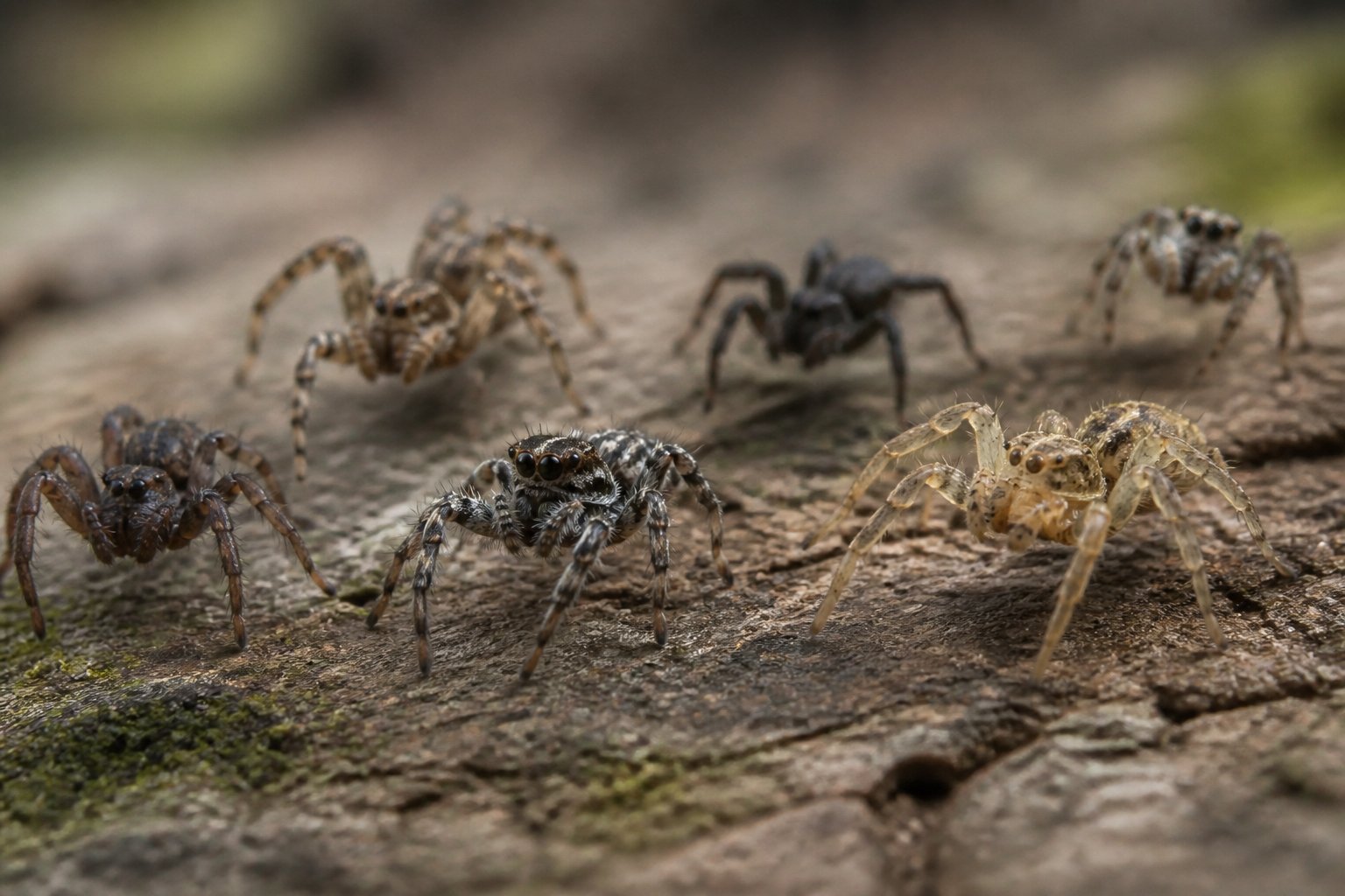 Several spiders moving quickly across a natural surface with their legs extended.