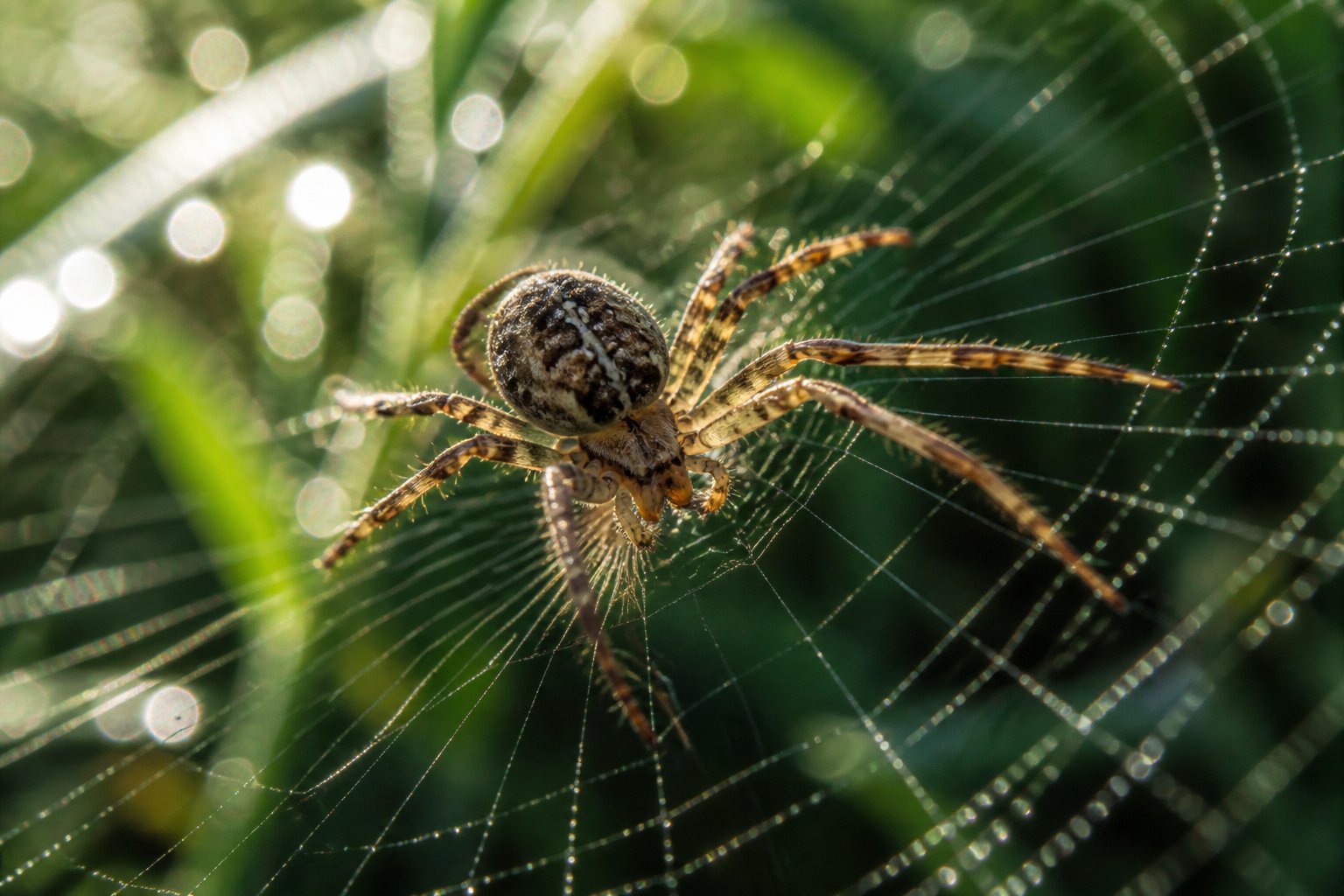 Close-up of a spider moving quickly on its web with green foliage in the background.