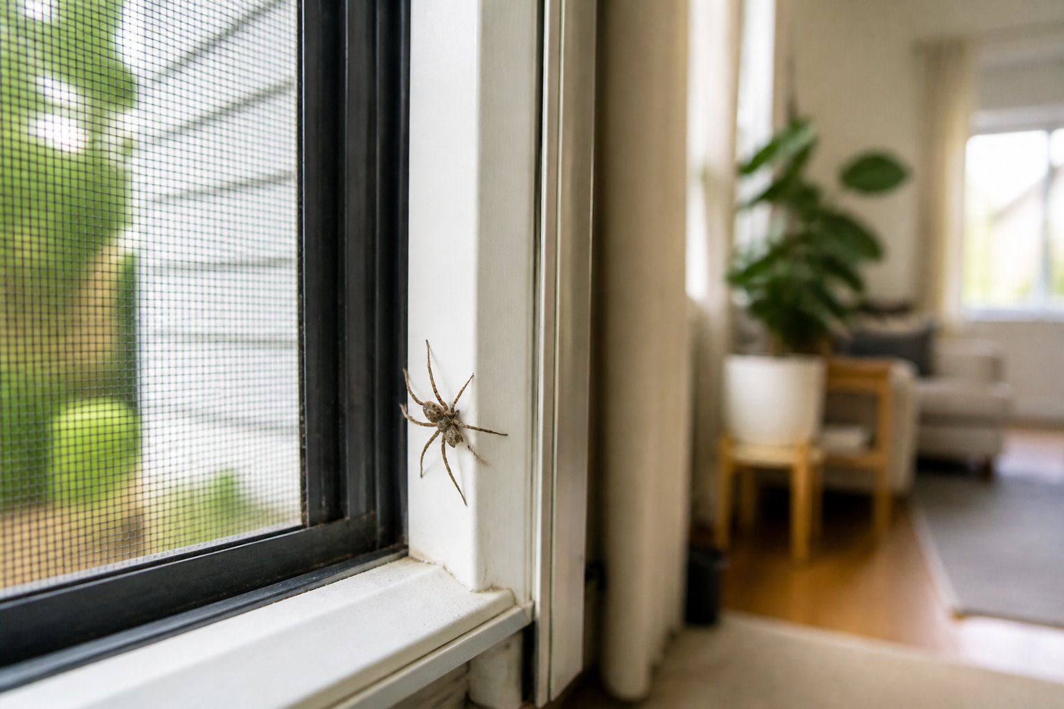 A close-up of a spider crawling on the edge of an open window entering a house.