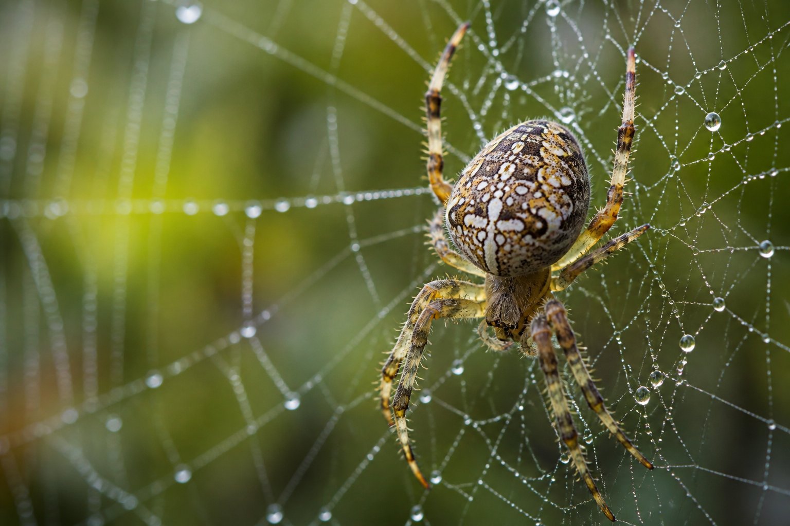 Close-up of a spider on a dew-covered web in a green natural environment.