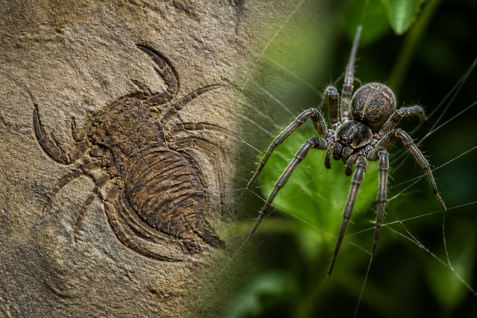 Close-up of an ancient chelicerate fossil transitioning into an early spider perched on a web strand among green leaves.