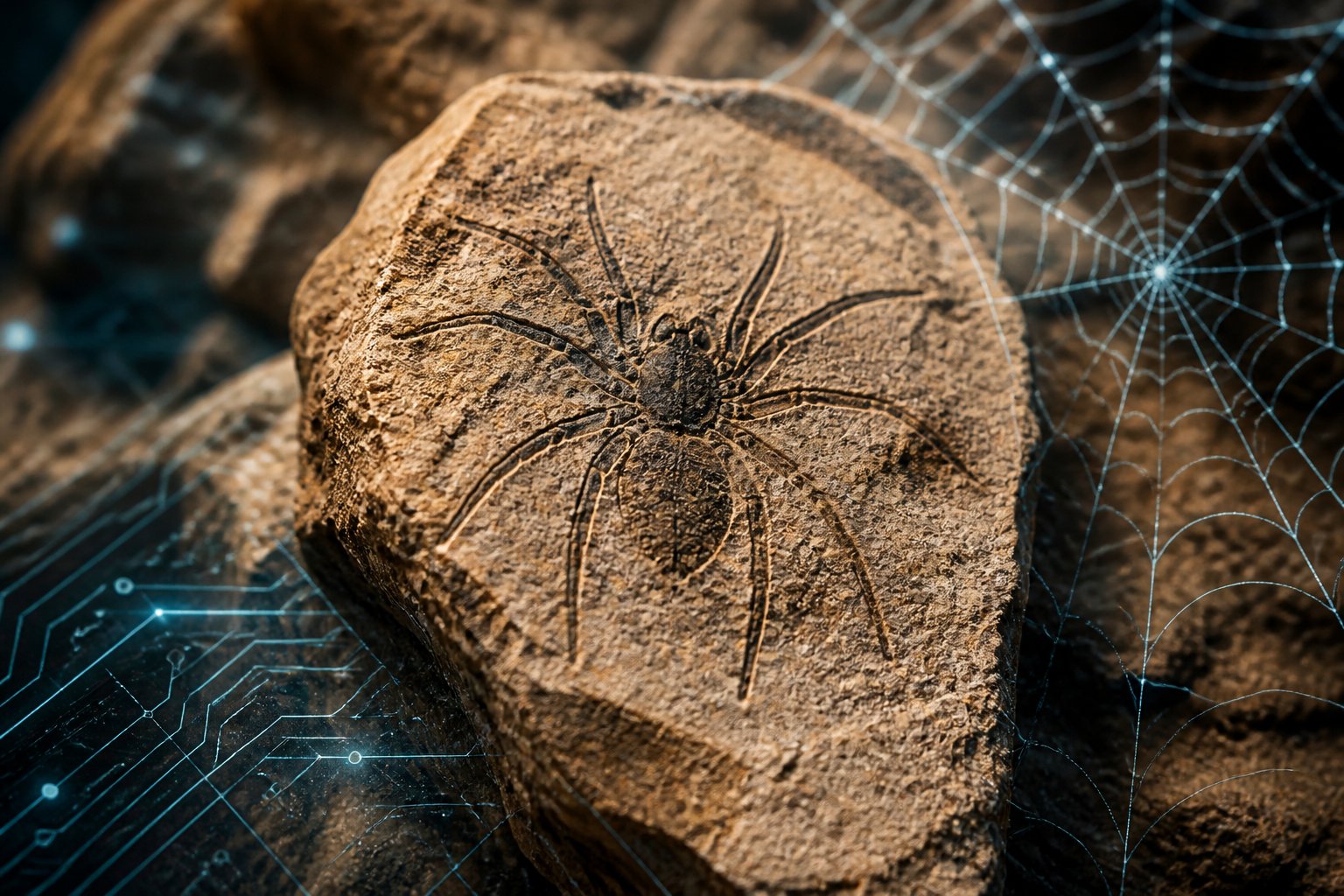 Close-up of a fossilized spider embedded in rock with glowing web-like digital lines surrounding it.