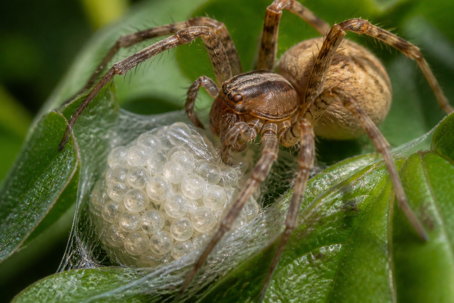 A close-up of a spider near a cluster of eggs on a web surrounded by green leaves.