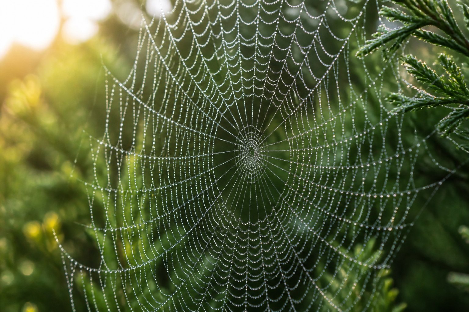 Close-up of a spider web with dew drops in a natural outdoor environment.