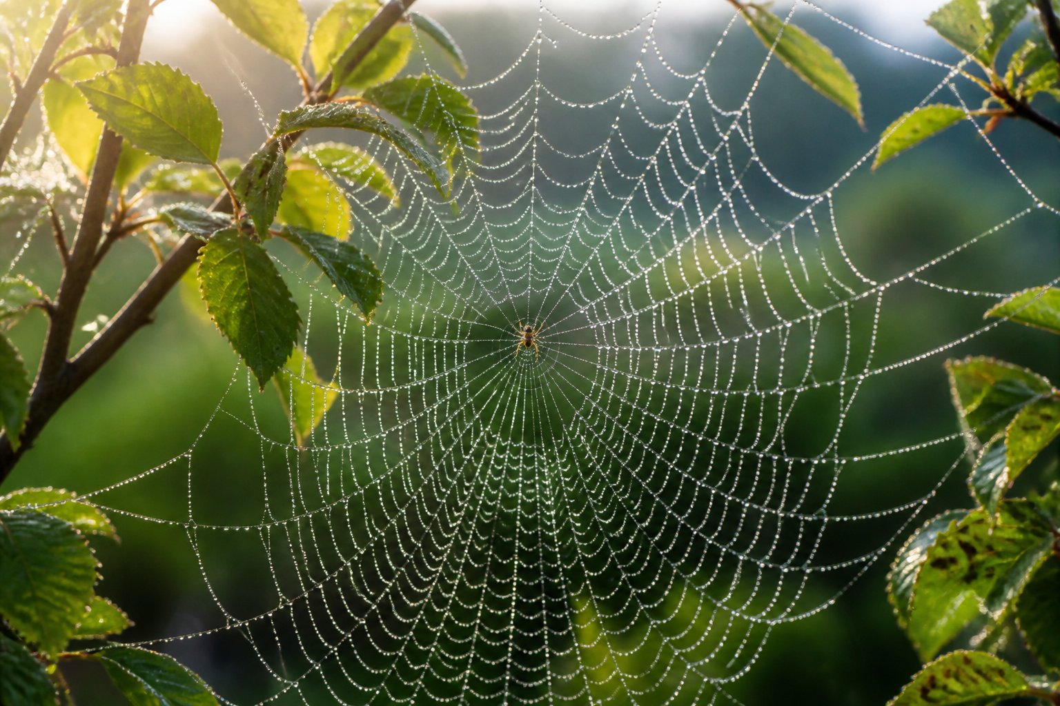 Close-up of a spider web with dew drops and a small spider in the center among green leaves outdoors.