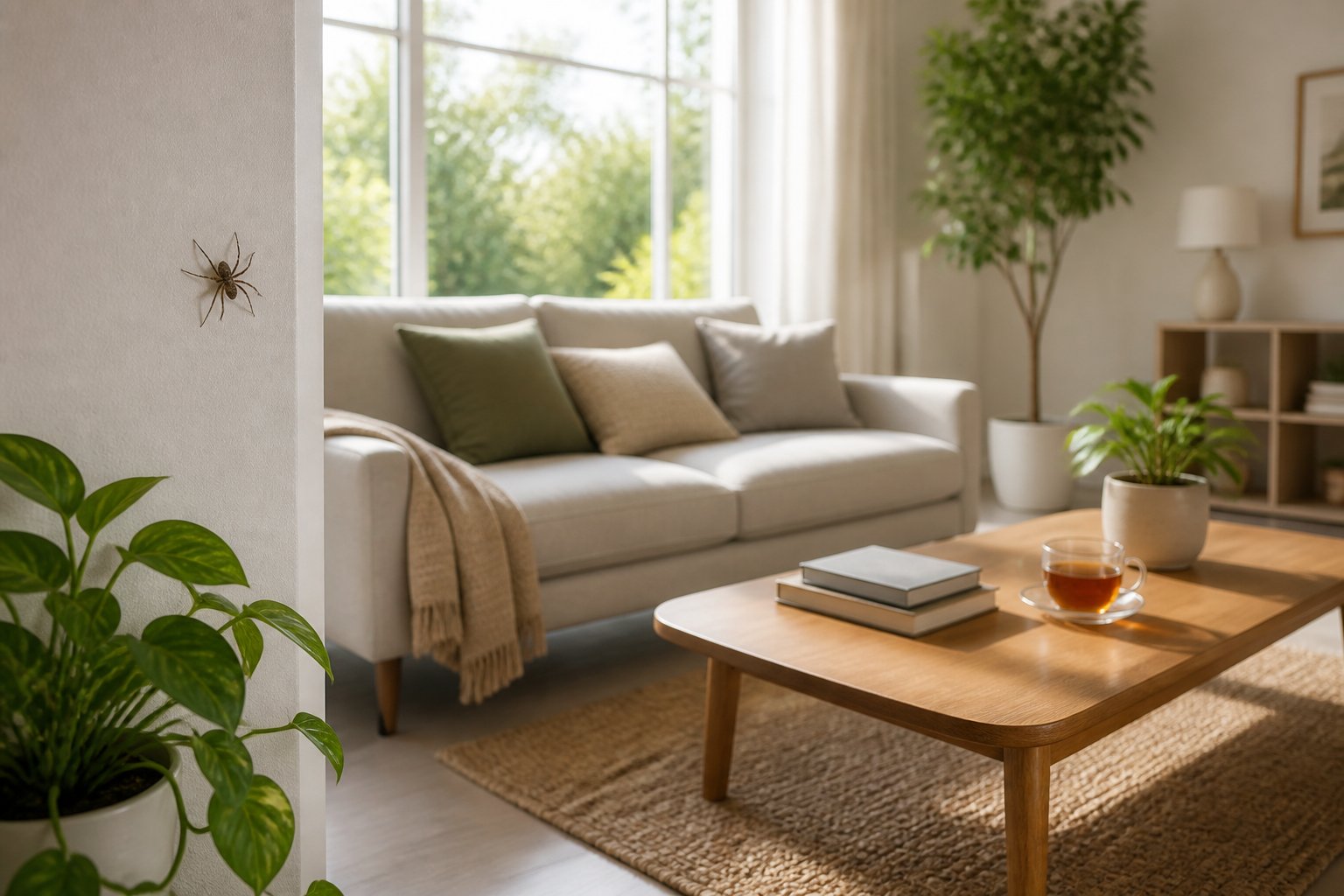 A small spider on the corner of a white wall in a bright living room with a sofa, coffee table, and potted plant.