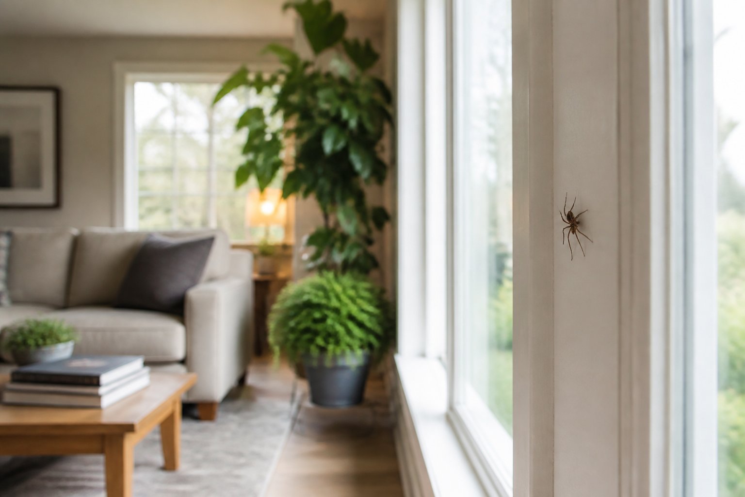 A small spider on a white wall in a bright living room with a sofa, coffee table, and plants.