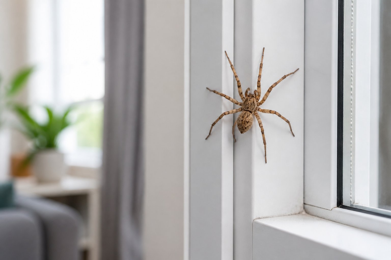 Close-up of a spider on a window frame inside a clean, modern home with blurred household items in the background.