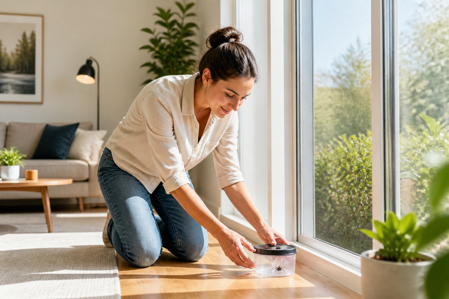 A person gently placing a small container with a spider near a window in a clean, sunlit living room.