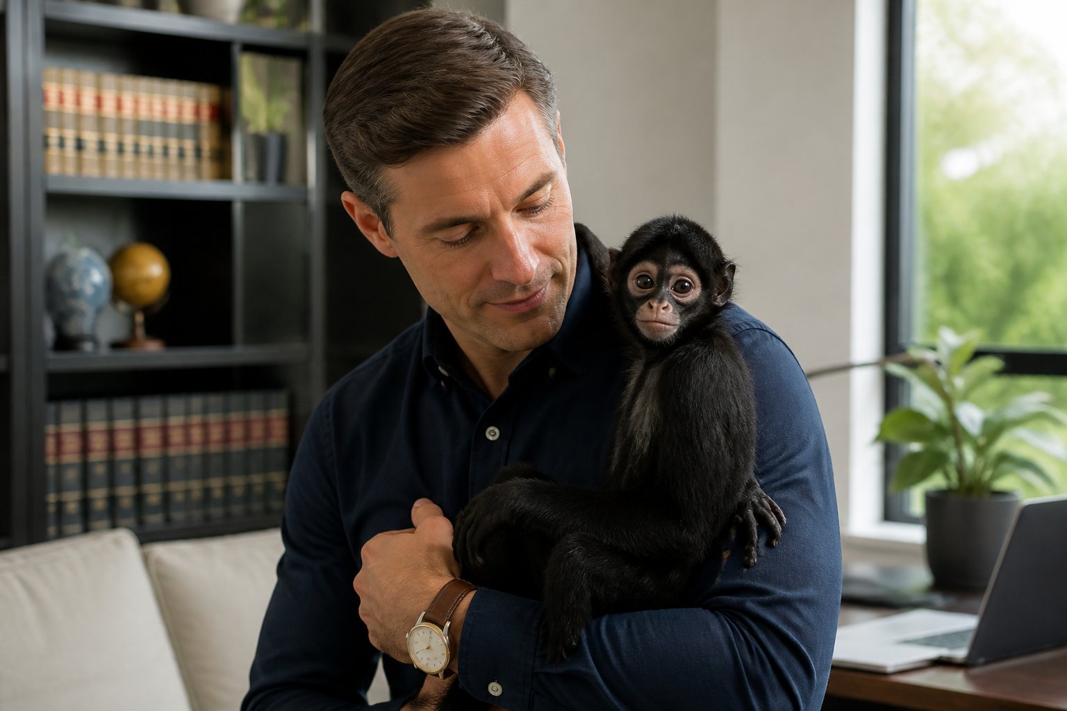 A person gently holding a small spider monkey indoors in a well-lit living room.