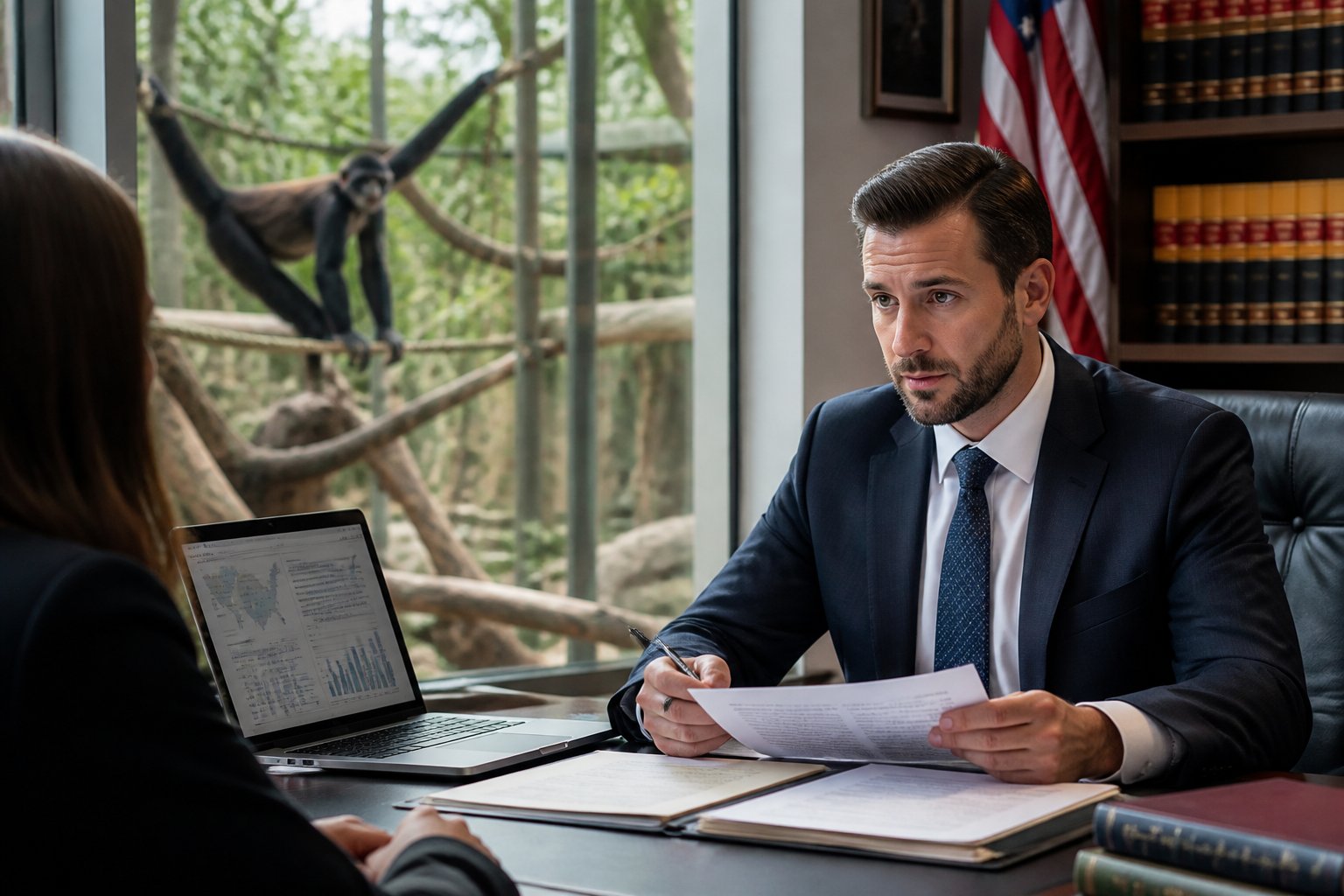 A lawyer at a desk with legal documents and a laptop, with a spider monkey in a naturalistic enclosure in the background.